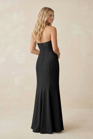 Strapless Ruched Sheath Satin Bridesmaid Dress With Slit in Black - KissProm Bridesmaid Dresses