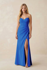 Strapless Ruched Sheath Satin Bridesmaid Dress With Slit in Blue Jay - KissProm Bridesmaid Dresses