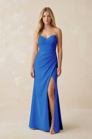 Strapless Ruched Sheath Satin Bridesmaid Dress With Slit in Blue Jay - KissProm Bridesmaid Dresses