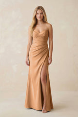 Strapless Ruched Sheath Satin Bridesmaid Dress With Slit in Bronzer - KissProm Bridesmaid Dresses