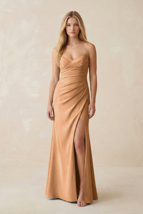 Strapless Ruched Sheath Satin Bridesmaid Dress With Slit in Bronzer - KissProm Bridesmaid Dresses