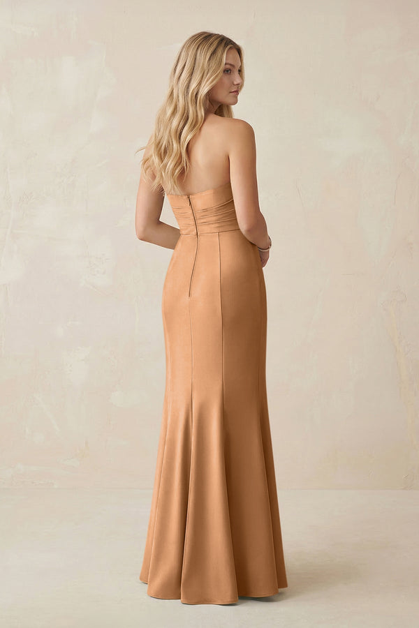 Strapless Ruched Sheath Satin Bridesmaid Dress With Slit in Bronzer - KissProm Bridesmaid Dresses