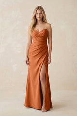 Strapless Ruched Sheath Satin Bridesmaid Dress With Slit in Brown - KissProm Bridesmaid Dresses