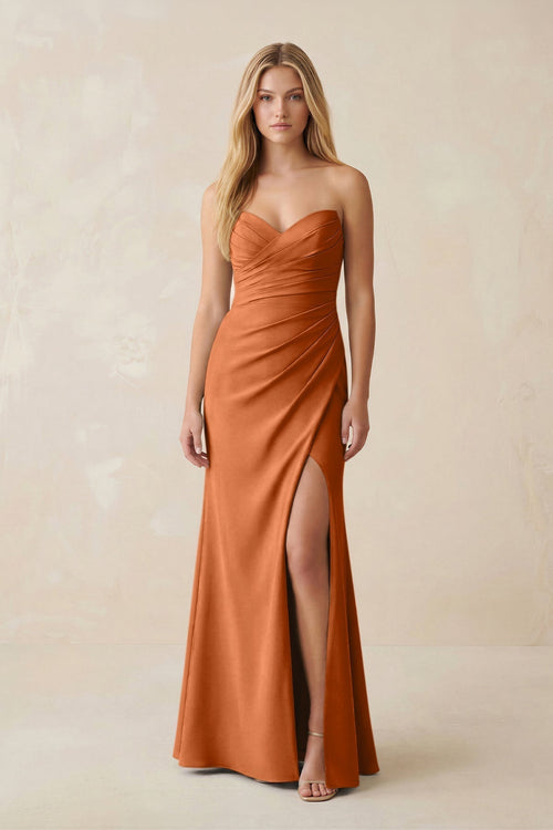 Strapless Ruched Sheath Satin Bridesmaid Dress With Slit in Brown - KissProm Bridesmaid Dresses