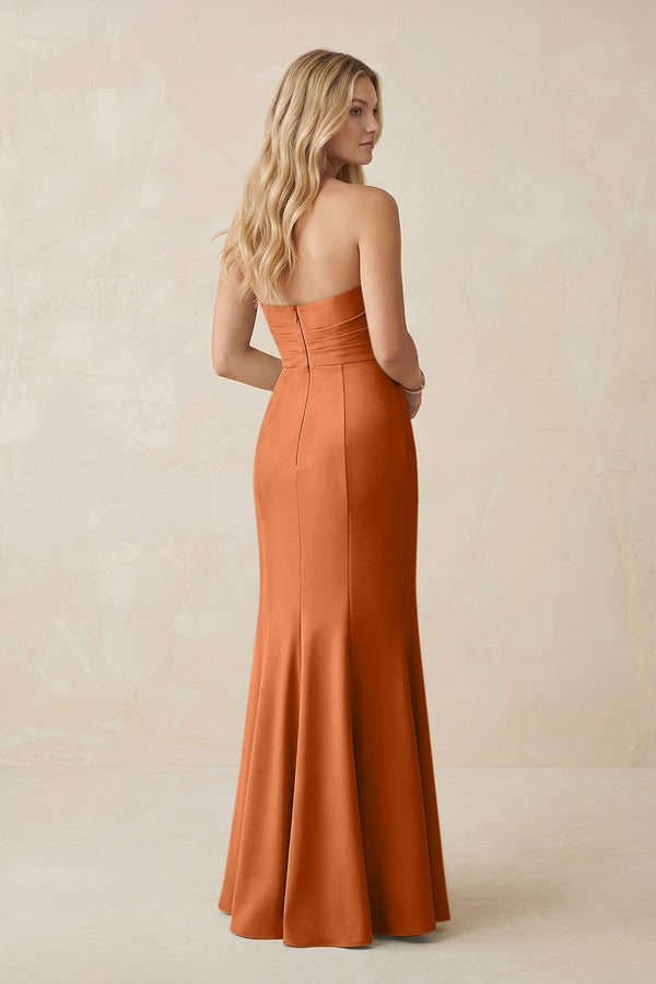 Strapless Ruched Sheath Satin Bridesmaid Dress With Slit in Brown - KissProm Bridesmaid Dresses