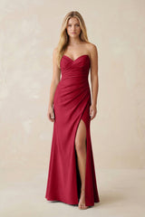 Strapless Ruched Sheath Satin Bridesmaid Dress With Slit in Burgundy - KissProm Bridesmaid Dresses