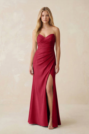 Strapless Ruched Sheath Satin Bridesmaid Dress With Slit in Burgundy - KissProm Bridesmaid Dresses