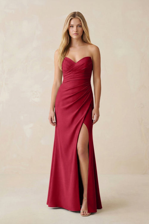 Strapless Ruched Sheath Satin Bridesmaid Dress With Slit in Burgundy - KissProm Bridesmaid Dresses