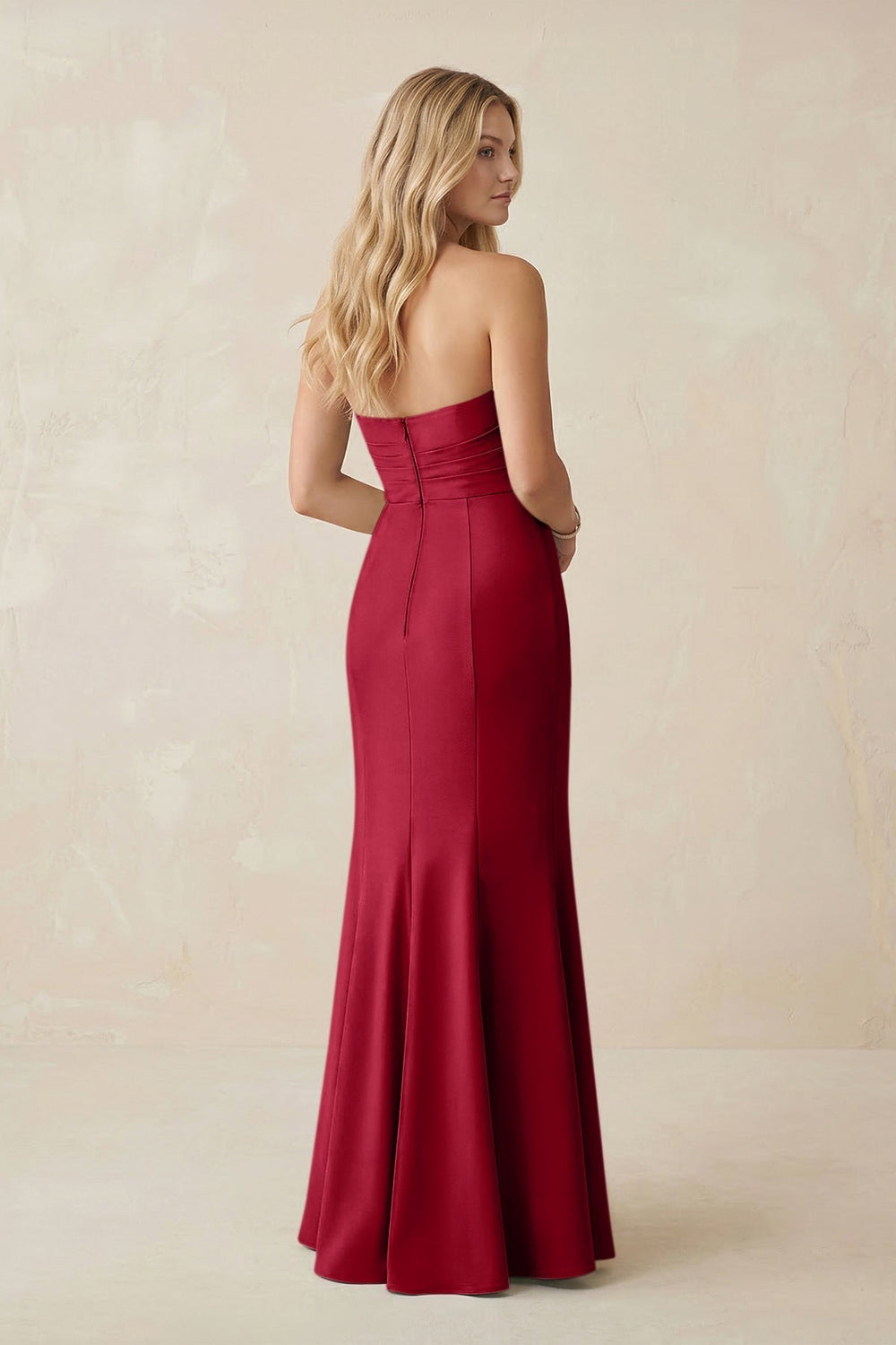 Strapless Ruched Sheath Satin Bridesmaid Dress With Slit in Burgundy - KissProm Bridesmaid Dresses
