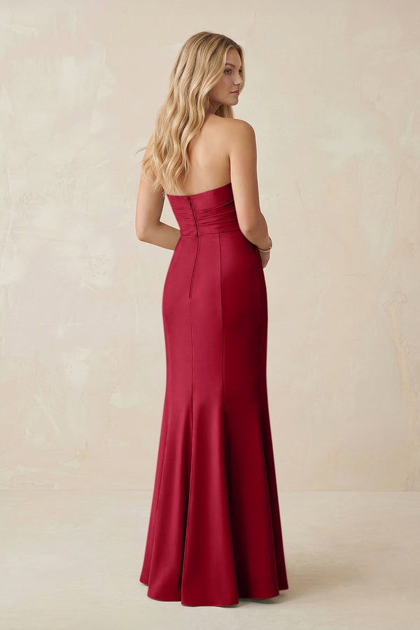 Strapless Ruched Sheath Satin Bridesmaid Dress With Slit in Burgundy - KissProm Bridesmaid Dresses
