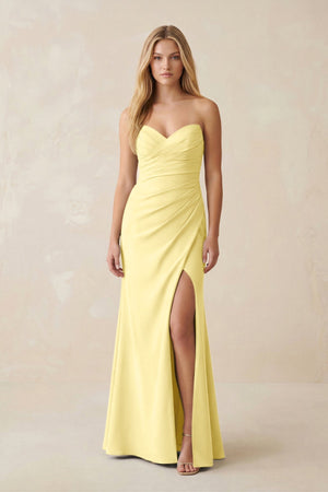 Strapless Ruched Sheath Satin Bridesmaid Dress With Slit in Buttercup - KissProm Bridesmaid Dresses