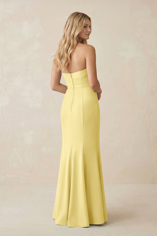 Strapless Ruched Sheath Satin Bridesmaid Dress With Slit in Buttercup - KissProm Bridesmaid Dresses