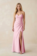 Strapless Ruched Sheath Satin Bridesmaid Dress With Slit in Candy Pink - KissProm Bridesmaid Dresses