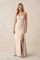 Strapless Ruched Sheath Satin Bridesmaid Dress With Slit in Champagne - KissProm Bridesmaid Dresses