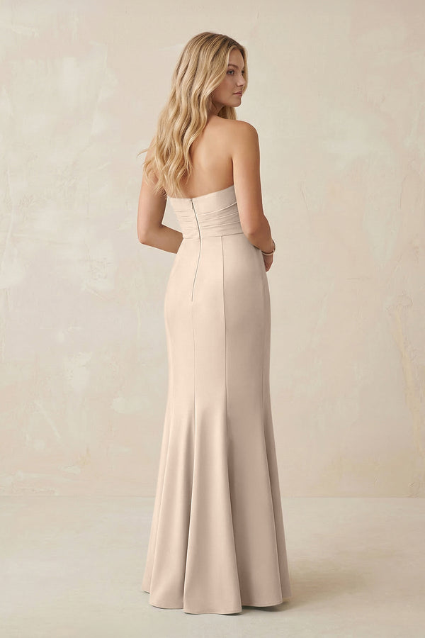 Strapless Ruched Sheath Satin Bridesmaid Dress With Slit in Champagne - KissProm Bridesmaid Dresses