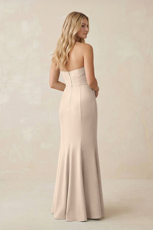 Strapless Ruched Sheath Satin Bridesmaid Dress With Slit in Champagne - KissProm Bridesmaid Dresses