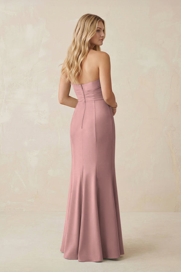 Strapless Ruched Sheath Satin Bridesmaid Dress With Slit in Champagne Rose