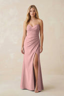 Strapless Ruched Sheath Satin Bridesmaid Dress With Slit in Champagne Rose