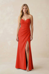 Strapless Ruched Sheath Satin Bridesmaid Dress With Slit in Cinnamon - KissProm Bridesmaid Dresses