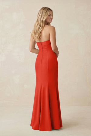 Strapless Ruched Sheath Satin Bridesmaid Dress With Slit in Cinnamon - KissProm Bridesmaid Dresses
