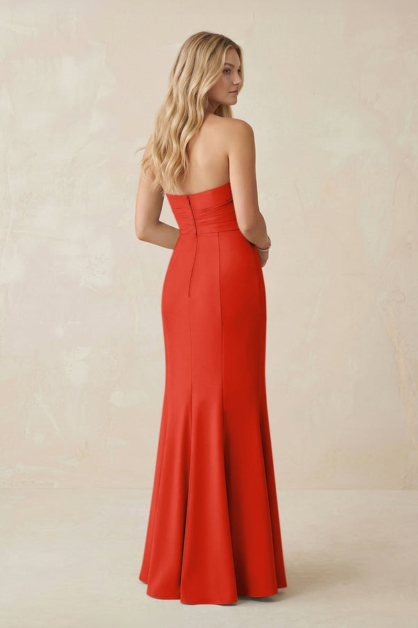 Strapless Ruched Sheath Satin Bridesmaid Dress With Slit in Cinnamon - KissProm Bridesmaid Dresses