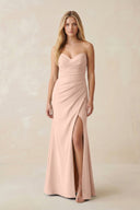 Strapless Ruched Sheath Satin Bridesmaid Dress With Slit in Coral Pink - KissProm Bridesmaid Dresses