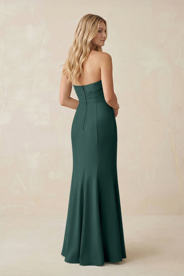 Strapless Ruched Sheath Satin Bridesmaid Dress With Slit in Dark Green - KissProm Bridesmaid Dresses