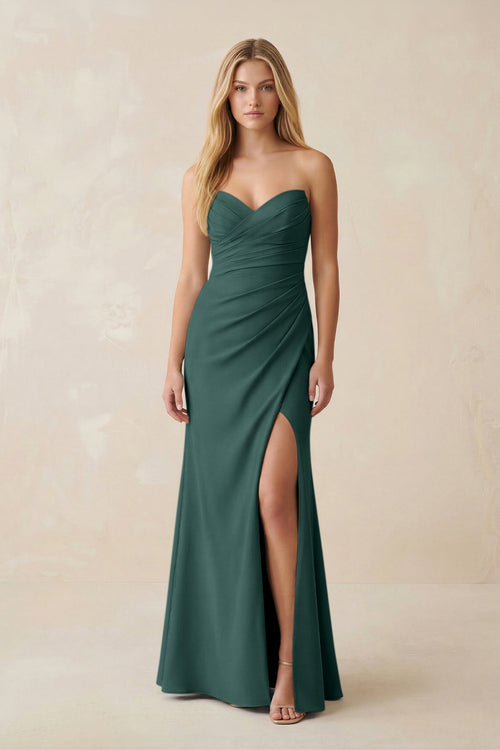 Strapless Ruched Sheath Satin Bridesmaid Dress With Slit in Dark Green - KissProm Bridesmaid Dresses