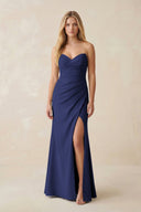 Strapless Ruched Sheath Satin Bridesmaid Dress With Slit in Dark Navy - KissProm Bridesmaid Dresses