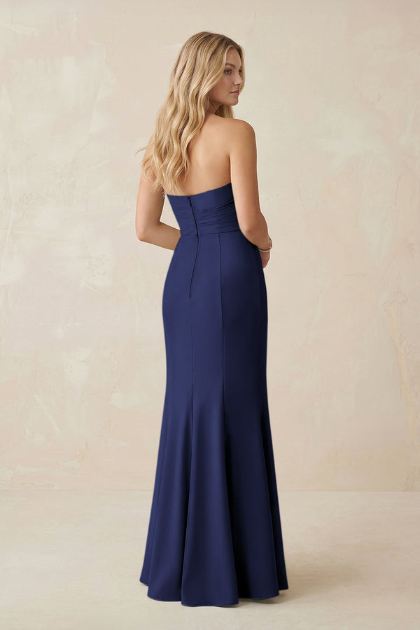 Strapless Ruched Sheath Satin Bridesmaid Dress With Slit in Dark Navy - KissProm Bridesmaid Dresses
