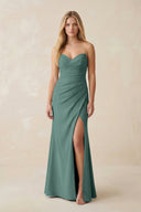 Strapless Ruched Sheath Satin Bridesmaid Dress With Slit in Dark Teal - KissProm Bridesmaid Dresses