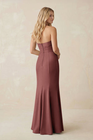 Strapless Ruched Sheath Satin Bridesmaid Dress With Slit in Desert Rose - KissProm Bridesmaid Dresses