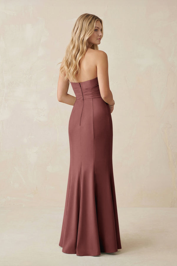 Strapless Ruched Sheath Satin Bridesmaid Dress With Slit in Desert Rose - KissProm Bridesmaid Dresses
