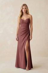 Strapless Ruched Sheath Satin Bridesmaid Dress With Slit in Desert Rose - KissProm Bridesmaid Dresses