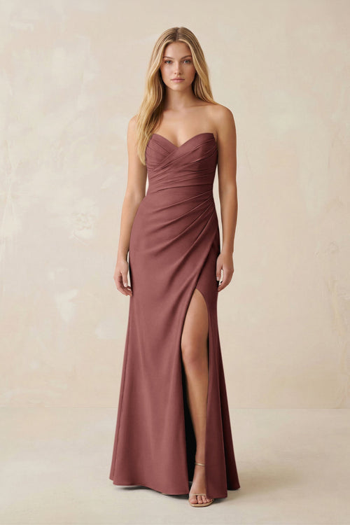 Strapless Ruched Sheath Satin Bridesmaid Dress With Slit in Desert Rose - KissProm Bridesmaid Dresses