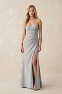 Strapless Ruched Sheath Satin Bridesmaid Dress With Slit in Dove Gray - KissProm Bridesmaid Dresses