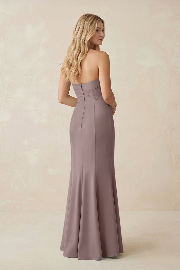 Strapless Ruched Sheath Satin Bridesmaid Dress With Slit in Dusk - KissProm Bridesmaid Dresses