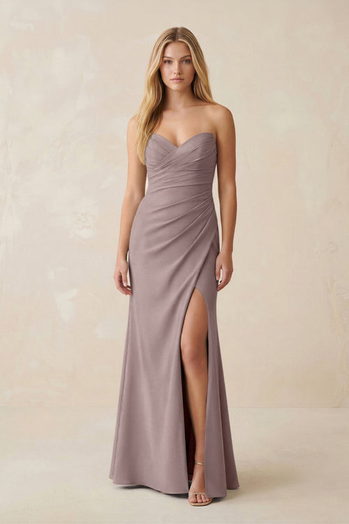Strapless Ruched Sheath Satin Bridesmaid Dress With Slit in Dusk - KissProm Bridesmaid Dresses