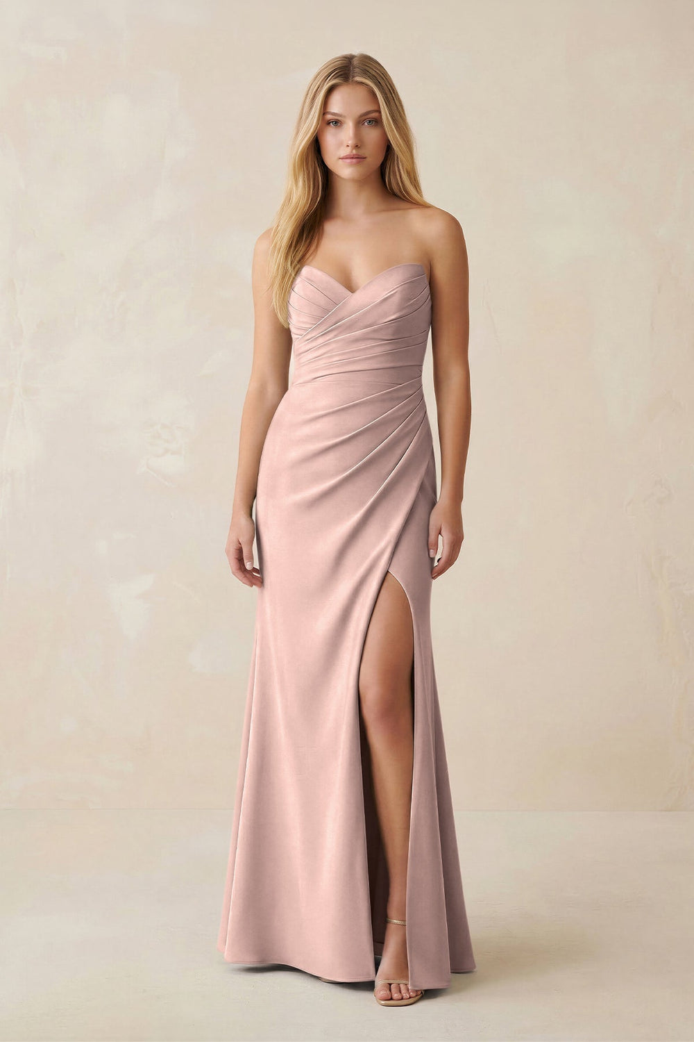 Strapless Ruched Sheath Satin Bridesmaid Dress With Slit in Dusty Rose - KissProm Bridesmaid Dresses