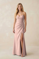 Strapless Ruched Sheath Satin Bridesmaid Dress With Slit in Dusty Rose - KissProm Bridesmaid Dresses