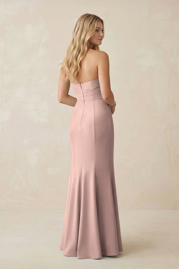 Strapless Ruched Sheath Satin Bridesmaid Dress With Slit in Dusty Rose - KissProm Bridesmaid Dresses