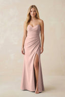 Strapless Ruched Sheath Satin Bridesmaid Dress With Slit in Dusty Rose - KissProm Bridesmaid Dresses