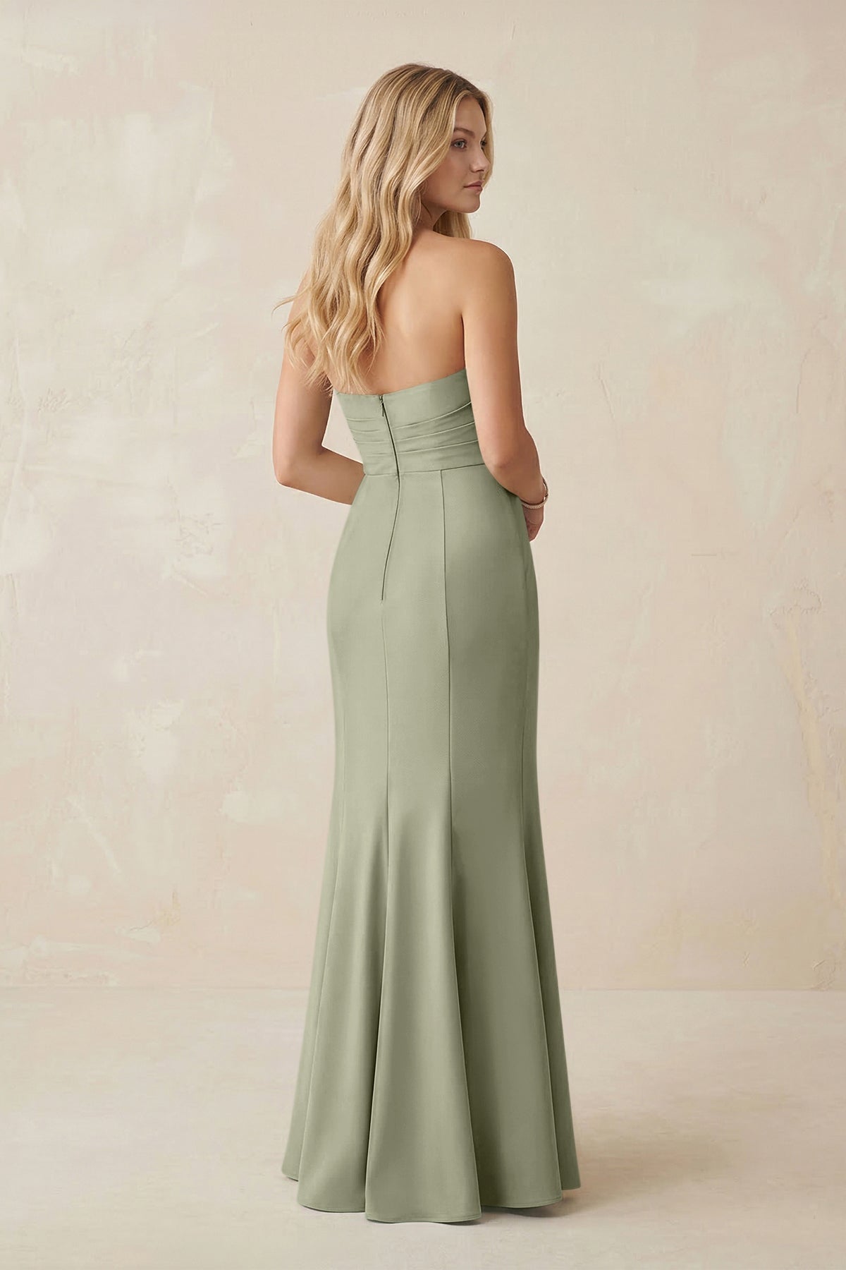 KissProm Strapless Ruched Sheath Satin Bridesmaid Dress With Slit in Dusty Sage, Dusty Sage / Custom Size( Free )