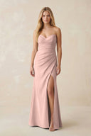 Strapless Ruched Sheath Satin Bridesmaid Dress With Slit in English Rose