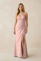 Strapless Ruched Sheath Satin Bridesmaid Dress With Slit in English Rose