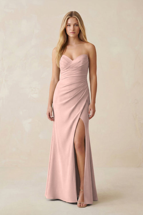 Strapless Ruched Sheath Satin Bridesmaid Dress With Slit in English Rose