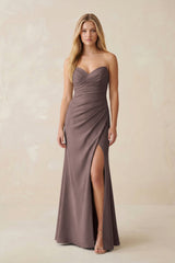 Strapless Ruched Sheath Satin Bridesmaid Dress With Slit in Espresso - KissProm Bridesmaid Dresses