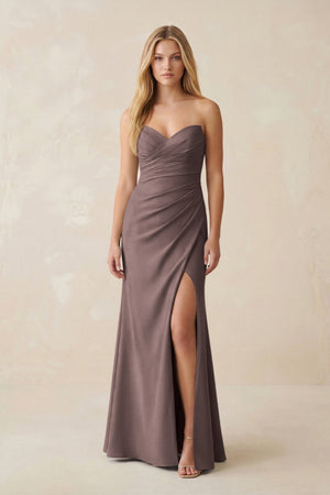 Strapless Ruched Sheath Satin Bridesmaid Dress With Slit in Espresso - KissProm Bridesmaid Dresses