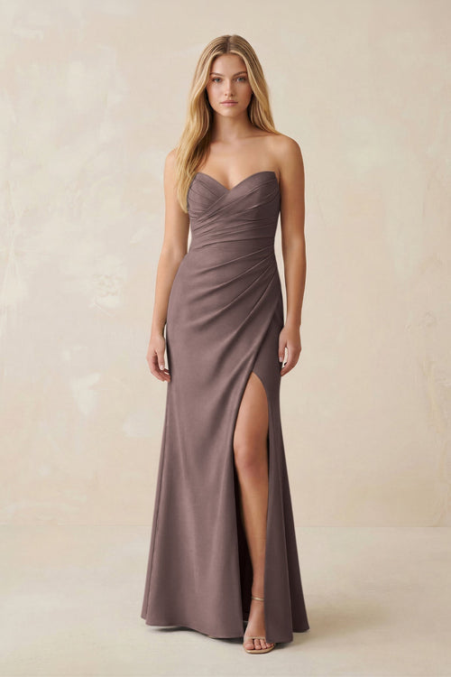 Strapless Ruched Sheath Satin Bridesmaid Dress With Slit in Espresso - KissProm Bridesmaid Dresses