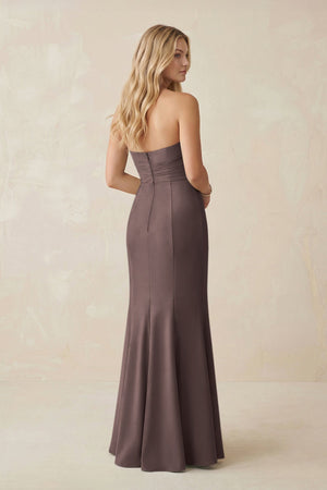 Strapless Ruched Sheath Satin Bridesmaid Dress With Slit in Espresso - KissProm Bridesmaid Dresses